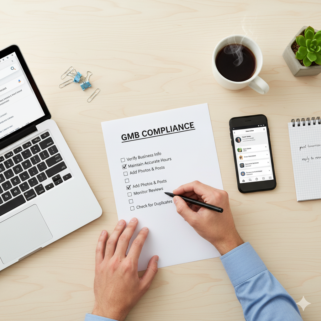 GMB compliance checklist with items being checked off